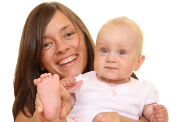 portrait of mother and 8 months daughter isolated on white