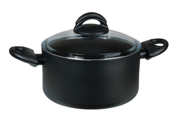 Modern saucepan with a glass cover on a white background