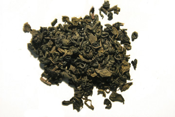 Traditional green tea Sencha against white background