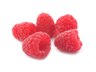 five ripe raspberries isolated on white background