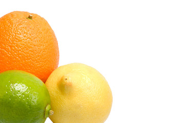 Orange,Lemon and Lime, corner of the frame, isolated on white.