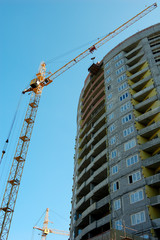 Fototapeta na wymiar Cranes and building on a background blue sky