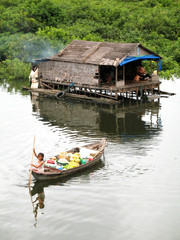 Fototapeta na wymiar łód¼ i dom na wodzie, Wietnam