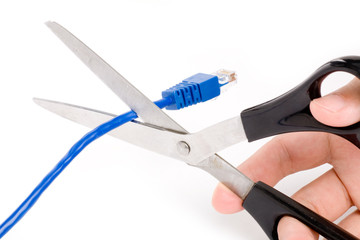 network cable with scissors with white background