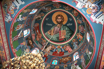 Fresco of Jesus and saints in monastery on Shepherds Field - obrazy, fototapety, plakaty