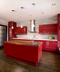 Red modern kitchen with island