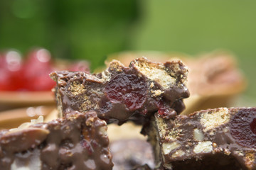 Three slabs of a very sticky chocolate confection 