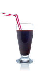 A fresh and nutritious chocolate milkshake with straws