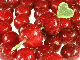 Two red cherries on  arrow on  background of red cherries