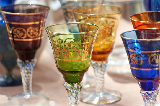 Close-up of colorfull old-fashioned glasses. Shallow DOF..