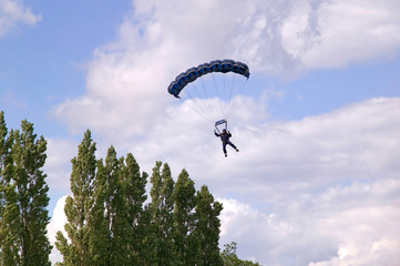 Parachutist narrowly missing some tree's as he comes in to land.