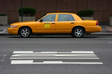 Papier Peint photo Lavable TAXI de new york Taxi jaune garé, vue latérale, Manhattan, New York