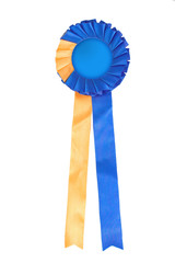 Close-up blue and yellow ribbon rosette. 