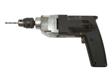 Electric drill with a drill on a white background