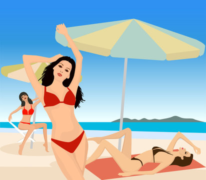 Attractive girl on exotic summer beach - illustration