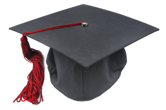 graduation cap with a red tassel on white background