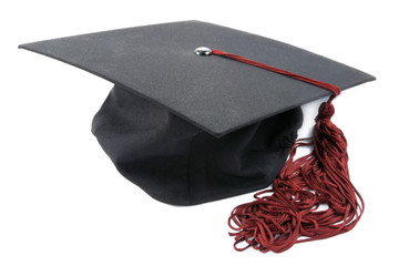 graduation cap with a red tassel isolated on white