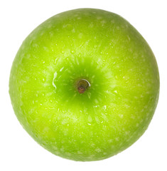 Top view of a green apple isolated on white background..