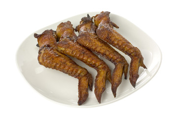 Plate of BBQ chicken wings isolated on white background..