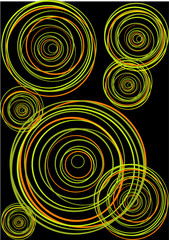Colored circles on black background. Vector art.