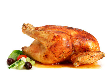 Golden roasted chicken, ready to serve.