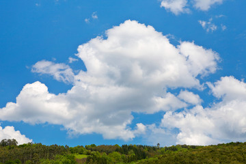 Fototapeta na wymiar Mountain landscape, green filed, the blue sky and white clouds