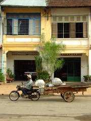 Fototapeta na wymiar Moto et attelage a Kampot