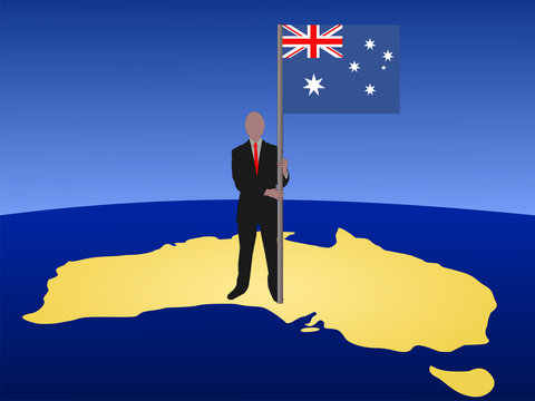 Business Man Standing On Map Of Australia With Flag