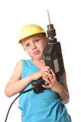 a boy is holding big black drill