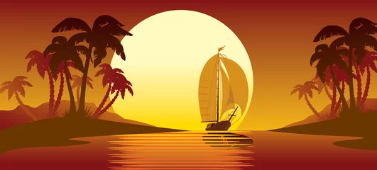 Fotobehang Tropical island sunset, palm trees and sailing vessel © Kamaga