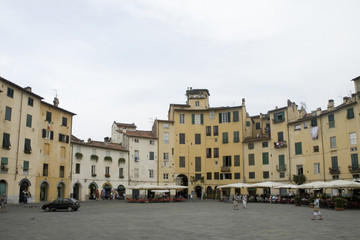 Lucca square Anfiteatro in Tuscany Italy