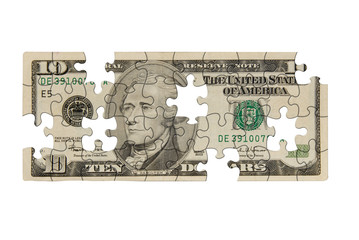 Ten dollar bill with pieces missing 