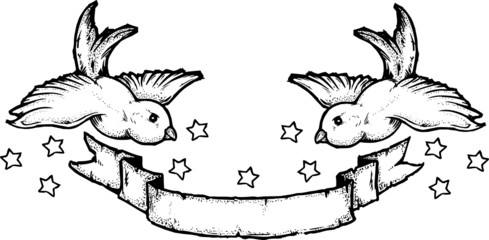 Swallows, Banner & Stars - Tattoo Style Vector Illustration