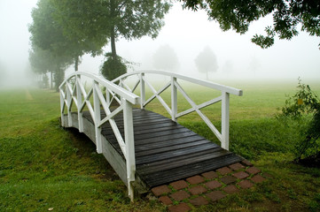 A footbridge in a misty parc