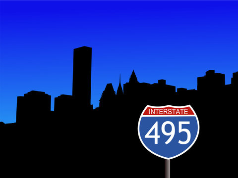 Midtown Manhattan skyline with Interstate 495 sign