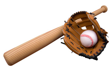 Baseball bat, ball and glove isolated over white