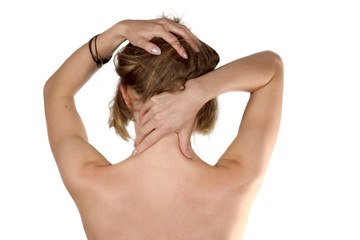 Exhausted girl making self-massage of her neck isolated