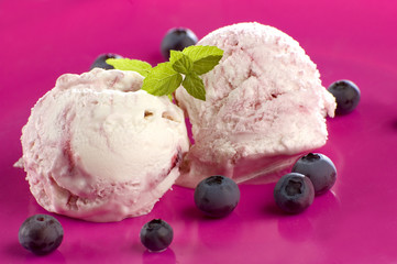 yogurt blueberry ice cream with mint close up