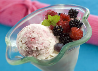 yogurt blueberry ice cream with mint close up