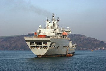 A Naval Auxiliary moored to a buoy in Plymouth Sound
