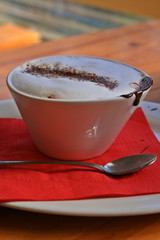 A drinking bowl filled with hot chocolate.