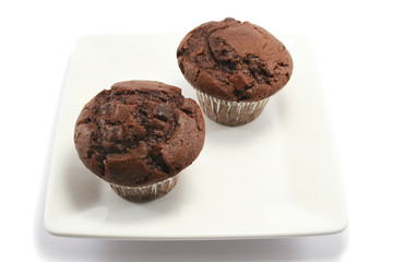 two chocolate muffins on a plate