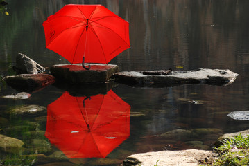 red color umbrella at the pond side