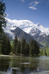 View of Mont Blanc mountain range reflected in lake 