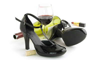 Shoes, wine and lipstick