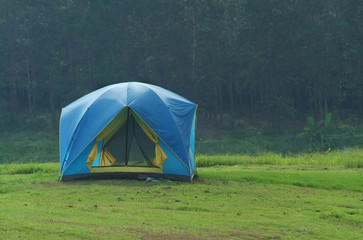 Small, blue tent on a meadow
