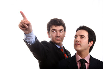 Two young business men portrait on white.