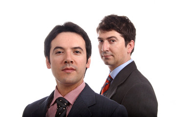  two young business men portrait on white