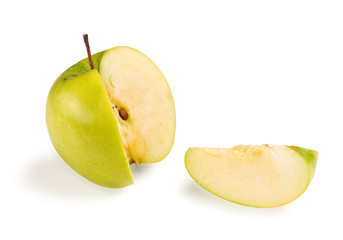 Sliced green ripe apple isolated on white background