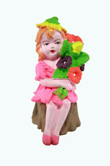 girl elf holding flowers, sitting on a wood stump